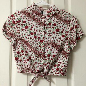 H&M Floral Crop Collared Button Tie Front Top